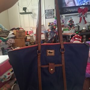 Elegant Navy Tote with Brown Trim